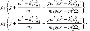 \begin{eqnarray} &&\rho_1 \left\{ g + \frac{\omega^2-k_x^2 c_\mathrm{A1}^2}{m_1} - \frac{g \omega^2 (\omega^2-k_x^2 c_\mathrm{A1}^2)}{m_1 g \omega^2-m_1^2 \Omega_1} \right\}= \nonumber \\ &&\rho_2 \left\{ g + \frac{\omega^2-k_x^2 c_\mathrm{A2}^2}{m_2} - \frac{g \omega^2 (\omega^2-k_x^2 c_\mathrm{A2}^2)}{m_2 g \omega^2-m_2^2 \Omega_2} \right\}\cdot \label{dr_mhd} \end{eqnarray}