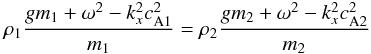 \begin{eqnarray} \rho_1 \frac{g m_1 + \omega^2-k_x^2 c_\mathrm{A1}^2}{m_1}= \rho_2 \frac{g m_2 + \omega^2-k_x^2 c_\mathrm{A2}^2}{m_2} \end{eqnarray}
