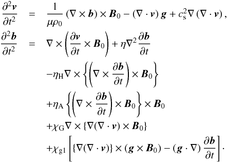 \begin{eqnarray} \frac{\partial^2 {\vec v}}{\partial t^2} &=& \frac{1}{\mu \rho_0} \left(\nabla \times {\vec b} \right) \times {\vec B}_0 - \left(\nabla \cdot {\vec v}\right) {\vec g} + \cssq \nabla \left( \nabla \cdot {\vec v} \right), \nonumber \\ \frac{\partial^2 {\vec b}}{\partial t^2} &=& \nabla \times \left( \frac{\partial {\vec v}}{\partial t} \times {\vec B}_0 \right) + \eta \nabla^2 \frac{\partial {\vec b}}{\partial t} \nonumber \\ &&- \eta_\mathrm{H} \nabla \times \left\{ \left( \nabla \times \frac{\partial {\vec b}}{\partial t} \right) \times{\vec B}_0 \right\} \nonumber \\ &&+ \eta_\mathrm{A} \left\{ \left( \nabla \times \frac{\partial {\vec b}} {\partial t}\right) \times{\vec B}_0 \right\} \times{\vec B}_0 \nonumber \\ &&+ \chi_\mathrm{G} \nabla \times \left\{ \nabla (\nabla \cdot {\vec v}) \times {\vec B}_0 \right\} \nonumber \\ &&+ \chi_\mathrm{g1} \left[ \left\{ \nabla (\nabla \cdot {\vec v} )\right\} \times \left( {\vec g} \times {\vec B}_0 \right) - \left( {\vec g} \cdot \nabla \right) \frac{\partial {\vec b}} {\partial t} \right]\cdot \label{linear_eqs2} \end{eqnarray}