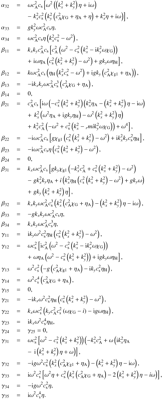 \appendix \setcounter{section}{1} \begin{eqnarray} \alpha_{32} &\,=\,& \omega c_\mathrm{A}^2 c_\mathrm{s} \left[ \omega^2 \left(\left(k_x^2+k_y^2\right) \eta +{\rm i} \omega \right) \right. \nonumber \\ &&- \left. k_x^2 c_\mathrm{s}^2 \left(k_y^2 \left(c_\mathrm{A}^2 \chi_\mathrm{G} +\eta_\mathrm{A} +\eta \right)+k_x^2 \eta+{\rm i} \omega \right)\right], \nonumber \\ \alpha_{33} &\,=\,& g k_y^2 \omega c_\mathrm{A}^2 c_\mathrm{s} \eta, \nonumber \\ \alpha_{34} &\,=\,& \omega c_\mathrm{A}^2 c_\mathrm{s} \eta \left(k_x^2 c_\mathrm{s}^2-\omega^2\right), \nonumber\\ \beta_{11} &\,=\,& k_x k_y c_\mathrm{A}^2 c_\mathrm{s} \left[ c_\mathrm{A}^2 \left(\omega^2-c_\mathrm{s}^2 \left(k_x^2-{\rm i} k_y^2 \omega \chi_\mathrm{G} \right)\right) \right. \nonumber \\ &&+ \left. {\rm i} \omega \eta_\mathrm{A} \left(c_\mathrm{s}^2 \left(k_x^2+k_y^2\right)-\omega^2 \right)+g k_y \omega \eta_\mathrm{H} \right], \nonumber \\ \beta_{12} &\,=\,& k \omega c_\mathrm{A}^2 c_\mathrm{s} \left(\eta_\mathrm{H} \left(k_x^2 c_\mathrm{s}^2-\omega^2 \right)+{\rm i} g k_y \left(c_\mathrm{A}^2 \chi_\mathrm{g1}+ \eta_\mathrm{A} \right)\right), \nonumber \\ \beta_{13} &\,=\,& -{\rm i} k_x k_y \omega c_\mathrm{A}^2 c_\mathrm{s}^3 \left(c_\mathrm{A}^2 \chi_\mathrm{G}+ \eta_\mathrm{A}\right), \nonumber \\ \beta_{14} &\,=\,& 0, \nonumber \\ \beta_{21} &\,=\,& c_\mathrm{A}^2 c_\mathrm{s} \left[{\rm i} \omega \left(-c_\mathrm{s}^2 \left(k_x^2+k_y^2\right) \left(k_x^2 \eta_\mathrm{A} -\left(k_x^2+k_y^2 \right) \eta-{\rm i} \omega \right) \right. \right.\nonumber \\ &&+ \left. \left.k_x^2 \left(\omega^2 \eta_\mathrm{A} +{\rm i} g k_y \eta_\mathrm{H} \right) -\omega^2 \left(k_x^2+k_y^2\right) \eta \right) \right. \nonumber \\ &&+ \left. k_x^2 c_\mathrm{A}^2\left(-\omega^2+c_\mathrm{s}^2 \left(k_x^2- {_rm i} k_y^2 \omega \chi_\mathrm{G} \right)\right)+\omega^4\right], \nonumber \\ \beta_{22} &\,=\,& -{\rm i} \omega c_\mathrm{A}^2 c_\mathrm{s} \left[ g \chi_\mathrm{g1} \left(c_\mathrm{s}^2 \left(k_x^2+k_y^2\right)-\omega^2\right) +{\rm i} k_x^2 k_y c_\mathrm{s}^2 \eta_\mathrm{H} \right], \nonumber \\ \beta_{23} &\,=\,& -{\rm i} \omega c_\mathrm{A}^2 c_\mathrm{s} \eta \left(c_\mathrm{s}^2 \left(k_x^2+k_y^2\right)-\omega^2\right), \nonumber \\ \beta_{24} &\,=\,& 0, \nonumber \\ \beta_{31} &\,=\,& k_x \omega c_\mathrm{A}^2 c_\mathrm{s} \left[ g k_y \chi_\mathrm{g1} \left(-k_x^2 c_\mathrm{A}^2+c_\mathrm{s}^2 \left(k_x^2+ k_y^2\right)-\omega^2\right) \right. \nonumber \\ &&- \left. g k_x^2 k_y \eta_\mathrm{A} +i \left(k_x^2 \eta_\mathrm{H} \left(c_\mathrm{s}^2 \left(k_x^2+k_y^2\right) -\omega^2\right)+g k_y \omega \right) \right. \nonumber \\ &&+ \left. g k_y \left(k_x^2+k_y^2\right) \eta \right], \nonumber \\ \beta_{32} &\,=\,& k_x k_y \omega c_\mathrm{A}^2 c_\mathrm{s}^3 \left(k_x^2 \left(c_\mathrm{A}^2 \chi_\mathrm{G}+ \eta_\mathrm{A} \right) - \left(k_x^2+k_y^2\right) \eta -{\rm i} \omega \right), \nonumber \\ \beta_{33} &\,=\,&-g k_x k_y \omega c_\mathrm{A}^2 c_\mathrm{s} \eta, \nonumber \\ \beta_{34} &\,=\,& k_x k_y \omega c_\mathrm{A}^2 c_\mathrm{s}^3 \eta, \nonumber\\ \gamma_{11} &\,=\,& {\rm i} k_y \omega^2 c_\mathrm{s}^2 \eta_\mathrm{H} \left(c_\mathrm{s}^2 \left(k_x^2+k_y^2\right)-\omega^2\right), \nonumber \\ \gamma_{12} &\,=\,& \omega c_\mathrm{s}^2 \left[{\rm i} c_\mathrm{A}^2 \left(\omega^2- c_\mathrm{s}^2 \left(k_x^2-{\rm i} k_y^2 \omega \chi_\mathrm{G} \right)\right) \right. \nonumber \\ &&+ \left. \omega \eta_\mathrm{A} \left(\omega^2-c_\mathrm{s}^2 \left(k_x^2+k_y^2 \right)\right)+{\rm i} g k_y \omega \eta_\mathrm{H} \right], \nonumber \\ \gamma_{13} &\,=\,& \omega^2 c_\mathrm{s}^2 \left(-g \left(c_\mathrm{A}^2 \chi_\mathrm{g1}+ \eta_\mathrm{A} \right)-{\rm i} k_y c_\mathrm{s}^2 \eta_\mathrm{H} \right),\nonumber \\ \gamma_{14} &\,=\,& \omega ^2 c_\mathrm{s}^4 \left(c_\mathrm{A}^2 \chi_\mathrm{G} +\eta_\mathrm{A}\right), \nonumber \\ \gamma_{15} &\,=\,& 0, \nonumber \\ \gamma_{21} &\,=\,& -{\rm i} k_x \omega^2 c_\mathrm{s}^2 \eta_\mathrm{H} \left(c_\mathrm{s}^2 \left(k_x^2+k_y^2\right)-\omega^2\right), \nonumber \\ \gamma_{22} &\,=\,& k_x \omega c_\mathrm{s}^2 \left(k_y c_\mathrm{A}^2 c_\mathrm{s}^2 \left(\omega \chi_\mathrm{G} -i\right)-{\rm i} g \omega \eta_\mathrm{H} \right), \nonumber \\ \gamma_{23} &\,=\,& {\rm i} k_x \omega^2 c_\mathrm{s}^4 \eta_\mathrm{H}, \nonumber \\ \gamma_{24} &\,=\,& \gamma_{25} = 0, \nonumber \\ \gamma_{31} &\,=\,& \omega c_\mathrm{s}^2 \left[ \omega^2-c_\mathrm{s}^2 \left(k_x^2+k_y^2\right)\right) \left(-k_x^2 c_\mathrm{A}^2+\omega \left({\rm i} k_x^2 \eta_\mathrm{A} \right. \right. \nonumber \\ &&- \left. \left. {\rm i} \left(k_x^2+k_y^2\right) \eta +\omega \right)\right], \nonumber \\ \gamma_{32} &\,=\,& -{\rm i} g \omega^2 c_\mathrm{s}^2 \left(k_x^2 \left(c_\mathrm{A}^2 \chi_\mathrm{g1}+ \eta_\mathrm{A} \right)- \left(k_x^2+k_y^2\right) \eta -{\rm i} \omega \right), \nonumber \\ \gamma_{33} &\,=\,& {\rm i} \omega^2 c_\mathrm{s}^2 \left[ \omega^2 \eta +c_\mathrm{s}^2 \left(k_x^2 \left(c_\mathrm{A}^2 \chi_\mathrm{G} +\eta_\mathrm{A} \right) -2 \left(k_x^2+k_y^2\right) \eta - i\omega \right)\right], \nonumber \\ \gamma_{34} &\,=\,& -{\rm i} g \omega^2 c_\mathrm{s}^2 \eta, \nonumber \\ \gamma_{35} &\,=\,& {\rm i} \omega^2 c_\mathrm{s}^4 \eta. \end{eqnarray}