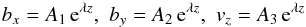 \appendix \setcounter{section}{1} \begin{eqnarray} b_x=A_1 \, {\rm e}^{\lambda z}, \,\, b_y=A_2 \, {\rm e}^{\lambda z}, \,\, v_z=A_3 \, {\rm e}^{\lambda z} \label{acoefs} \end{eqnarray}