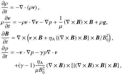 \begin{eqnarray} &&\frac{\partial \rho}{\partial t} = - \nabla \cdot \left( \rho {\vec v} \right), \nonumber \\ &&\rho \frac{\partial {\vec v}}{\partial t} = - \rho {\vec v} \cdot \nabla {\vec v} -\nabla p + \frac{1}{\mu} \left( \nabla \times {\vec B}\right) \times {\vec B} + \rho {\vec g}, \nonumber \\ &&\frac{\partial {\vec B}}{\partial t} = \nabla \times \left( {\vec v} \times {\vec B} + \eta_\mathrm{A} \left\{ \left( \nabla \times {\vec B} \right) \times{\vec B} \right\} \times{\vec B} /B_0^2 \right),\nonumber \\ &&\frac{\partial p}{\partial t} = - {\vec v} \cdot \nabla p - \gamma p \nabla \cdot {\vec v} \nonumber \\ &&\qquad\; + (\gamma-1) \frac{\eta_\mathrm{A}}{\mu B_0^2} \left(\nabla \times {\vec B} \right) \times \left[ \left\{ \left( \nabla \times {\vec B} \right) \times{\vec B} \right\} \times{\vec B} \right], \end{eqnarray}