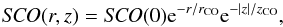 \begin{equation} {{\it SCO}(r,z) = {\it SCO}(0){\rm e}^{-r/r_{\rm CO}} {\rm e}^{-|z|/z_{\rm CO}}}, \end{equation}