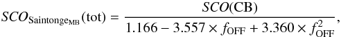\begin{equation} {{\it SCO}_{\rm Saintonge_{MB}}{\rm (tot)} = \frac{{\it SCO}({\rm CB})}{1.166-3.557 \times f_{\rm OFF}+3.360 \times f_{\rm OFF}^2}}, \end{equation}