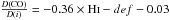 \hbox{$\frac{D({\rm CO})}{D(i)} = -0.36 \times \mathrm{\hi}-def -0.03$}