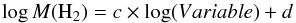\begin{equation} {\log M({\rm H}_2) = c \times \log (Variable) + d} \end{equation}