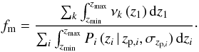 \begin{equation} f_{{\rm m}} = \frac{\sum_k \int_{z_{\rm min}}^{z_{\rm max}}{\nu_k\,(z_1)}\, {\rm d}z_1}{\sum_i \int_{z_{\rm min}}^{z_{\rm max}} P_i\, (z_i\,|\,z_{{\rm p},i},\sigma_{z_{{\rm p},i}})\, {\rm d}z_i}\cdot \label{ncphot} \end{equation}