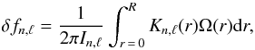 \begin{equation} \label{EqRotPro} \delta f_{n,\ell} = \frac{1}{2\pi I_{n,\ell}} \int_{r\,=\,0}^{R} K_{n,\ell}(r) \Omega(r) {\rm d}r, \end{equation}