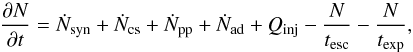 \begin{equation} \label{eq:kin_gen} \frac{\partial N}{\partial t} = \nsyn+\ncs+\npp+\nad+\Qi-\frac{N}{\tesc}-\frac{N}{\tex}, \end{equation}