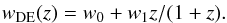 \begin{eqnarray} w_{\rm DE}(z)=w_{0}+w_{1}z/(1+z) .\label{EoS} \end{eqnarray}
