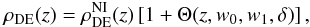 \begin{eqnarray} \rho_{\rm DE}(z)=\rho_{\rm DE}^{\rm NI}(z)\left[1+\Theta(z,w_{0},w_{1},\delta)\right] , \label{DESol} \end{eqnarray}