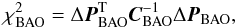 \begin{eqnarray} \chi^2_{\mathrm{BAO}}=\Delta {\vec P}_{\mathrm{BAO}}^{\mathrm{T}} {\vec C}_{\mathrm{BAO}}^{-1} \Delta {\vec P}_{\mathrm{BAO}}, \end{eqnarray}