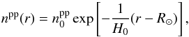 \begin{equation} \label{planeparallel_hydrostatic} n^{\mathrm{pp}}(r)=n^{\mathrm{pp}}_0\exp\left[-\frac{1}{H_0}(r-R_{\odot}) \right], \end{equation}