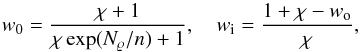 \begin{equation} w_0=\frac{\chi+1}{\chi\exp(N_\varrho/n)+1},\quad w_{\rm i}=\frac{1+\chi-w_{\rm o}}{\chi}, \label{w1_w0} \end{equation}