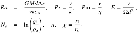\begin{eqnarray} \label{parameter} Ra&=&\frac{GMd\Delta s}{\nu\kappa c_p},\quad Pr=\frac{\nu}{\kappa},\quad P{\rm m}=\frac{\nu}{\eta},\quad E=\frac{\nu}{\Omega d^2} \, ,\nonumber\\ N_\varrho&=&\ln\left(\frac{\varrho_{\rm i}}{\varrho_{\rm o}}\right),\quad n,\quad \chi=\frac{r_{\rm i}}{r_{\rm o}} \cdot \end{eqnarray}