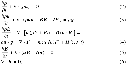 \begin{eqnarray} \label{MHD_mass_cons_eq_1} &&\frac{\partial \rho}{\partial t} + {\bf \nabla} \cdot \left( \rho {\vec u} \right) = 0 \\ \label{MHD_mom_cons_eq_1}&& \frac{\partial \rho {\vec u}}{\partial t} + {\bf \nabla} \cdot \left( \rho {\vec u} {\vec u} - {\vec B} {\vec B} + {\vec I} P_{t} \right) = \rho {\vec g} \\ \label{MHD_Ene_cons_eq_1} &&\frac{\partial \rho E}{\partial t} + {\bf \nabla} \cdot \left[ {\vec u} \left( \rho E + P_{t} \right) - {\vec B} \left( {\vec v} \cdot {\vec B} \right) \right] = \nonumber \\ && \rho {\vec u} \cdot {\vec g} - {\bf \nabla} \cdot {\vec F_{\rm c}} - n_{\rm e} n_{\rm H} \Lambda\left( T\right) + H \left( r, z, t \right) \\ \label{MHD_Induct_eq_1} && \frac{\partial {\vec B}}{\partial t} + {\bf \nabla} \cdot \left( {\vec u} {\vec B} - {\vec B} {\vec u}\right) = 0 \\ \label{Maxwell_02} & &{\bf \nabla} \cdot {\vec B} = 0, \end{eqnarray}