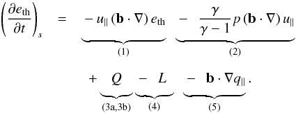 \begin{eqnarray} \nonumber \left(\frac{\partial e_{\rm th}}{\partial t}\right)_{s} & = & \underbrace{\bbb-u_{\parallel} \left(\vec{b}\cdot \nabla \right) e_{\rm th}}_{\text (1)} ~~ \underbrace{\bbb-~~\frac{\gamma}{\gamma-1} p \left(\vec{b} \cdot \nabla \right)u_{\parallel} }_{\text (2)} \\[1.3ex] && ~~ + \underbrace{\bba~~Q~~}_{{\rm (3a, 3b)}} \underbrace{\bba-~~L~~}_{\text (4)} ~~ \underbrace{\bba-~~\vec{b}\cdot \nabla q_{\parallel}}_{\text (5)} . \label{E:ener} \end{eqnarray}
