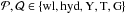 \hbox{$\mathcal{P,Q}\in\{\mathrm{wl,hyd,Y,T,G}\}$}