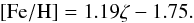 \begin{eqnarray*} \rm [Fe/H] = 1.19 \zeta - 1.75. \end{eqnarray*}