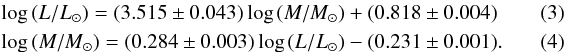 \begin{eqnarray} \label{eq:LMRthird} &&\log{(L/L_\odot)} = (3.515 \pm 0.043)\log{(M/M_\odot) + (0.818 \pm 0.004) }\quad\quad\quad \\ \label{eq:MLRthird} &&\log{(M/M_\odot)} = (0.284 \pm 0.003)\log{(L/L_\odot)} - (0.231 \pm 0.001).\quad\quad\quad \end{eqnarray}