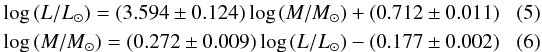 \begin{eqnarray} \label{eq:LMRnone} \log{(L/L_\odot)} = (3.594 \pm 0.124)\log{(M/M_\odot) + (0.712 \pm 0.011)} \\ \label{eq:MLRnone} \log{(M/M_\odot)} = (0.272 \pm 0.009)\log{(L/L_\odot)} - (0.177 \pm 0.002) \end{eqnarray}