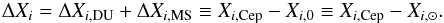 \begin{eqnarray} \Delta X_{{i}} = \Delta X_{i,\rm{DU}} + \Delta X_{i,\rm{MS}} \equiv X_{i,\rm{Cep}} - X_{i,\rm{0}} \equiv X_{i,\rm{Cep}} - X_{i,\rm{\odot}}. \end{eqnarray}
