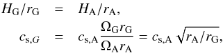 \appendix \setcounter{section}{1} \begin{eqnarray} H_{\rm G}/r_{\rm G} &= &H_{\rm A}/r_{\rm A} \nonumber , \\ c_{{\rm s},G} &= &c_{{\rm s},{\rm A}} \frac{\Omega_{\rm G} r_{\rm G}}{\Omega_{\rm A} r_{\rm A}} = c_{{\rm s},{\rm A}} \sqrt{r_{\rm A} / r_{\rm G}} \nonumber , \end{eqnarray}