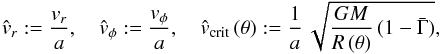 \begin{equation} \label{v-crit} {\hat v_{r}} := \frac{v_{r}}{a} , \quad {\hat v_{\phi}} := \frac{v_{\phi}}{a} , \quad {\hat v_{\rm crit}}\,(\theta{}) := \frac{1}{a}\, \sqrt{\frac{G M}{R\,(\theta)}\,(1 - \bar{\Gamma})} , \end{equation}