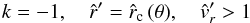 \begin{eqnarray*} k=-1 , \quad {\hat r}'= {\hat r}_{\rm c}\,(\theta) , \quad {\hat v_{r}}'>1 \end{eqnarray*}