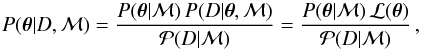 \begin{eqnarray} P(\vec{\theta}|D, {\mathcal M}) = \frac{ P(\vec{\theta}|{\mathcal M}) \, P( D|\vec{\theta}, {\mathcal M})} { {\mathcal P}( D|{\mathcal M})} = \frac{ P(\vec{\theta}|{\mathcal M}) \, {\mathcal L}(\vec{\theta})} { {\mathcal P}( D|{\mathcal M})} \, , \label{eq:bayesth} \end{eqnarray}