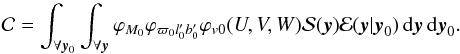\appendix \setcounter{section}{2} \begin{eqnarray} &&\mathcal{D}(\vec{y}|\boldsymbol{\theta})= \int_{r} \varphi_{M_{0}}\varphi_{\varpi_0l_0'b_0'} K \; {\rm e}^{\left( \frac{Y^2}{4 X} - Z \right) } {\rm e}^{-0.5 \left( \frac{\varpi-\varpi_0}{\epsilon_\varpi}\right) ^2 } \, {\rm d}r_0 \\[1mm] && K = \sqrt{ - \frac{\pi^3}{J_2 E_1 X} } \nonumber \\[1mm] & & \nonumber \\[0.5mm] && X = \frac{D_1^2}{4E_1} - F_1 \nonumber \\[0.5mm] && Y = \frac{B_1 D_1}{2E_1} - C_1 \nonumber \\[0.5mm] && Z = \frac{B_1^2}{4E_1} - A_1 \nonumber \\[0.5mm] & & \nonumber \\ && A_1 = \frac{A_2^2}{4J_2} - D_2 \nonumber \\[0.5mm] && B_1 = \frac{A_2 B_2}{2J_2} - E_2 \nonumber \\[0.5mm] && C_1 = \frac{A_2 C_2}{2J_2} - F_2 \nonumber \\[0.5mm] && D_1 = \frac{B_2 C_2}{2J_2} - G_2 \nonumber \\[0.5mm] && E_1 = \frac{B_2^2}{4J_2} - H_2 \nonumber \\[0.5mm] && F_1 = \frac{C_2^2}{4J_2} - I_2 \nonumber \\ & & \nonumber \\ && A_2 = - \frac{\mu_{li}}{\epsilon_{\mu_{\alpha^\ast}}^2} - \left(\frac{a_1 U_0}{\sigma_U^2} + \frac{a_2 V_0}{\sigma_V^2} + \frac{a_3 W_0}{\sigma_W^2} \right) r \nonumber \\ && B_2 = \left( \frac{a_1 b_1}{\sigma_U^2} + \frac{a_2 b_2}{\sigma_V^2} + \frac{a_3 b_3}{\sigma_W^2} \right) r^2 \nonumber \\ && C_2 = \left( \frac{a_1 c_1}{\sigma_U^2} + \frac{a_2 c_2}{\sigma_V^2} + \frac{a_3 c_3}{\sigma_W^2} \right) r \nonumber \\ && D_2 = \frac{1}{2} \left( \frac{\mu_{li}^2}{\epsilon_{\mu_{\alpha^\ast}}^2} + \frac{\mu_{bi}^2}{\epsilon_{\mu_{\delta}}^2} + \frac{v_{ri}^2}{\epsilon_{v_r}^2} \; + \; \frac{U_0^2}{\sigma_U^2} + \frac{V_0^2}{\sigma_V^2} + \frac{W_0^2}{\sigma_W^2} \right) \nonumber \\[1mm] && E_2 = - \frac{\mu_{bi}}{\epsilon_{\mu_{\delta}}^2} - \left( \frac{b_1 U_0}{\sigma_U^2} + \frac{b_2 V_0}{\sigma_V^2} + \frac{b_3 W_0}{\sigma_W^2} \right) r \nonumber \\[1mm] && F_2 = - \frac{v_{ri}}{\epsilon_{v_r}^2} - \left( \frac{c_1 U_0}{\sigma_U^2} + \frac{c_2 V_0}{\sigma_V^2} + \frac{c_3 W_0}{\sigma_W^2} \right) \nonumber \\[1mm] && G_2 = \left( \frac{b_1 c_1}{\sigma_U^2} + \frac{b_2 c_2}{\sigma_V^2} + \frac{b_3 c_3}{\sigma_W^2} \right) r \nonumber \\[1mm] && H_2 = \frac{1}{2} \frac{1}{\epsilon_{\mu_{\delta}}^2} \; + \; \frac{1}{2} \left( \frac{b_1^2}{\sigma_U^2} + \frac{b_2^2}{\sigma_V^2} + \frac{b_3^2}{\sigma_W^2} \right) r^2\nonumber \\[1mm] && I_2 = \frac{1}{2} \frac{1}{\epsilon_{v_r}^2} \; + \; \frac{1}{2} \left( \frac{c_1^2}{\sigma_U^2} + \frac{c_2^2}{\sigma_V^2} + \frac{c_3^2}{\sigma_W^2} \right) \nonumber \\[1mm] && J_2 = \frac{1}{2} \frac{1}{\epsilon_{\mu_{\alpha^\ast}}^2} \; + \; \frac{1}{2} \left( \frac{a_1^2}{\sigma_U^2} + \frac{a_2^2}{\sigma_V^2} + \frac{a_3^2}{\sigma_W^2} \right) r^2 \label{KXYZ} \end{eqnarray}