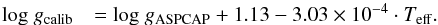 \begin{eqnarray*} \mathrm{log~} g_{\mathrm{calib}} & = \mathrm{log~} g_{\mathrm{ASPCAP}}+1.13-3.03\times10^{-4}\cdot T_{\mathrm{eff}}. \end{eqnarray*}