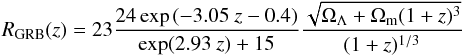 \begin{equation} R_{\rm GRB}(z)= 23\frac{24\exp{(-3.05 \ z-0.4)}}{\exp (2.93 \ z)+ 15} \frac{\sqrt{\Omega_\Lambda+ \Omega_{\rm m} (1+z)^3}}{(1+z)^{1/3}} \end{equation}