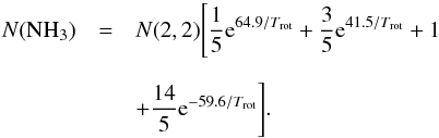 \appendix \setcounter{section}{2} \begin{eqnarray} N(\mathrm{NH}_3)&=&N(2, 2)\Bigg[\frac{1}{5}{\rm e}^{64.9/T_\mathrm{rot}}+ \frac{3}{5}{\rm e}^{41.5/T_\mathrm{rot}}+1\nonumber\\[2mm] &&+\frac{14}{5}{\rm e}^{-59.6/T_\mathrm{rot}}\Bigg]. \end{eqnarray}