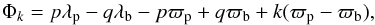 \begin{equation} \label{eq:phik} \Phi_{k} = p \lambda_\text{p} - q \lambda_\text{b} - p \varpi_\text{p} + q \varpi_\text{b} + k (\varpi_\text{p} - \varpi_\text{b}), \end{equation}