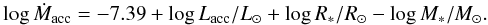 \begin{equation} \ \text{log}\,\dot{M}_{\text {acc}}= -7.39+ \text{log}\,L_{\text {acc}}/L_{\odot} + \text{log}\,R_{*}/R_{\odot}-\text{log}\,M_{*}/M_{\odot}. \end{equation}