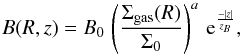 \begin{equation} \label{eq_bfield} B(R,z)=B_0 \, \left(\frac{\Sigma_{\textrm{gas}}(R)}{\Sigma_{0}} \right)^a \, {\rm e}^\frac{-|z|}{z_{B}}, \end{equation}