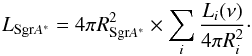 \appendix \setcounter{section}{2} \begin{equation} L_{{\rm Sgr} A^*} = 4 \pi R^2_{{\rm Sgr} A^*} \times \sum_{i} \frac{L_{i}(\nu)}{4\pi R^2_i}\cdot \end{equation}