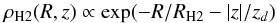 \begin{equation} \rho_{{\rm H2}}(R,z) \propto {\rm exp}(-R/R_{{\rm H2}}-|z|/z_d) \label{Eq:diskmodelh2} \end{equation}
