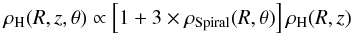 \begin{equation} \rho_{{\rm H}}(R,z,\theta) \propto \left[1 + 3 \times \rho_{\rm Spiral}(R,\theta)\right] \rho_{{\rm H}}(R,z) \end{equation}