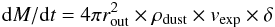\begin{eqnarray*} {\rm d}M/{\rm d}t = 4 \pi r_{\rm out}^2 \times \rho_{\rm dust} \times v_{\rm exp} \times \delta \end{eqnarray*}
