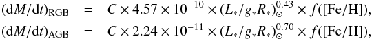 \begin{eqnarray*} ({\rm d}M/{\rm d}t)_{\rm RGB} &=& C \times 4.57 \times 10^{-10} \times (L_*/g_*R_*)_{\odot}^{0.43} \times f({\rm [Fe/H]}), \\ ({\rm d}M/{\rm d}t)_{\rm AGB} &=& C \times 2.24 \times 10^{-11} \times (L_*/g_*R_*)_{\odot}^{0.70} \times f({\rm [Fe/H]}), \end{eqnarray*}