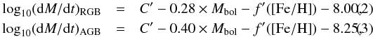 \begin{eqnarray} \log_{10} ({\rm d}M/{\rm d}t)_{\rm RGB} &=& C' - 0.28 \times M_{\rm bol} - f'({\rm [Fe/H]}) - 8.00, \\ \log_{10} ({\rm d}M/{\rm d}t)_{\rm AGB} &=& C' - 0.40 \times M_{\rm bol} - f'({\rm [Fe/H]}) - 8.25, \end{eqnarray}