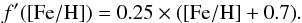 \begin{eqnarray*} {f'({\rm [Fe/H]}) = 0.25\times ({\rm [Fe/H]}+0.7)}. \end{eqnarray*}
