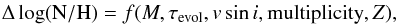 \begin{eqnarray*} \Delta \log ({\rm N/H}) = f (M, \tau_\text{evol}, v\sin i, \text{multiplicity}, Z), \end{eqnarray*}