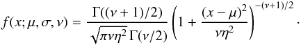 Mathematical equation: \appendix \setcounter{section}{2} \begin{eqnarray*} f(x;\mu,\sigma,\nu) = \frac{\Gamma((\nu+1) \slash{2})} {\sqrt{\pi\nu\eta^2 }\,\Gamma({\nu}\slash{2})} \left(1+\frac{\left(x-\mu \right)^2}{\nu\eta^2} \right)^{-(\nu+1)\slash{2}}\cdot \end{eqnarray*}