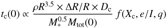 \begin{equation} t_{\rm c}(0) \propto {{\rho R^{3.5} \times \Delta R/R \times D_{\rm c}} \over {M_*^{0.5} M_{\rm tot}(0)}}~f(X_{\rm c},e/I,q) \label{eq:tc0} \end{equation}