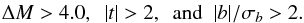 \begin{eqnarray*} \Delta M > 4.0 , \hspace{0.5em} |t| > 2 , \hspace{0.5em} \textup{and} \hspace{0.5em} |b|/\sigma_b > 2. \end{eqnarray*}