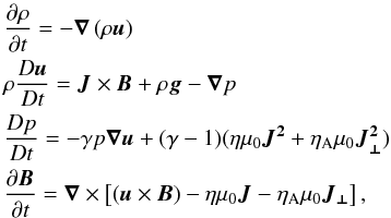 \begin{eqnarray} \label{eq:system} &&\frac{\partial \rho}{\partial t} = - \vec{\nabla}\left(\rho\vec{u}\right) \\ \nonumber &&\rho\frac{D\vec{u}}{D t} = \vec{J}\times\vec{B} + \rho\vec{g} - \vec{\nabla}p \\ \nonumber &&\frac{D p}{D t} = -\gamma p\vec{\nabla}\vec{u} + (\gamma-1)(\eta\mu_0\vec{J^2} + \eta_{\rm A}\mu_0 \vec{J_{\bot}^2})\\ \nonumber &&\frac{\partial\vec{B}}{\partial t} = \vec{\nabla}\times \left[(\vec{u}\times\vec{B}) - \eta\mu_0\vec{J} - \eta_{\rm A}\mu_0\vec{J_{\bot}} \right], \end{eqnarray}