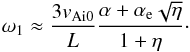 \begin{equation} \label{second} {\omega_1}\approx {{3v_{\rm Ai0}}\over {L}}{{\alpha+\alpha_{\rm e}\sqrt{\eta}}\over {1+\eta}}\cdot \end{equation}